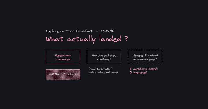 Explore on Tour Frankfurt recap: one product, a patch flood, and no vSphere Standard